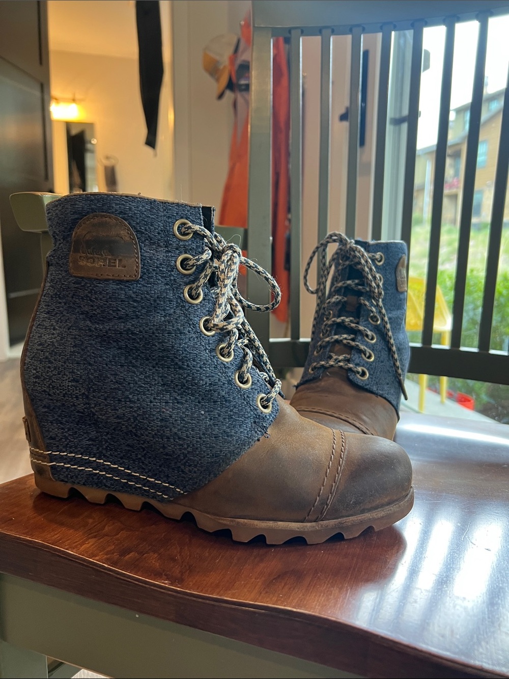 Sorel Brown Leather & Navy Fabric Wedge Lace-Up Boots